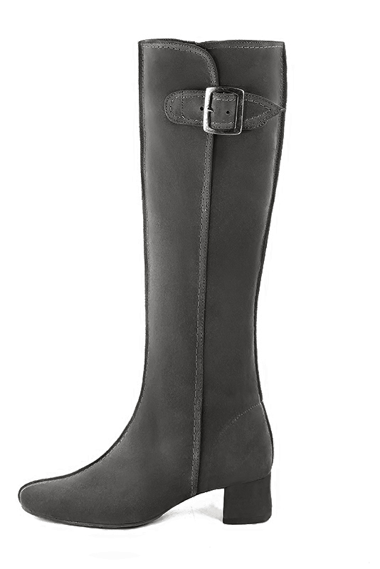 Dark grey women's knee-high boots with buckles. Round toe. Low flare heels. Made to measure. Profile view - Florence KOOIJMAN